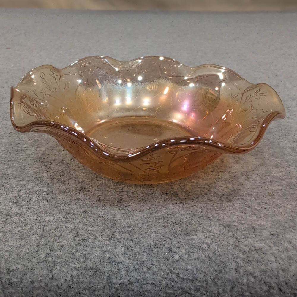 Vintage Jeanette Glass Iridescent Floragold Ruffle Edge Bowl Lotus Flower‎